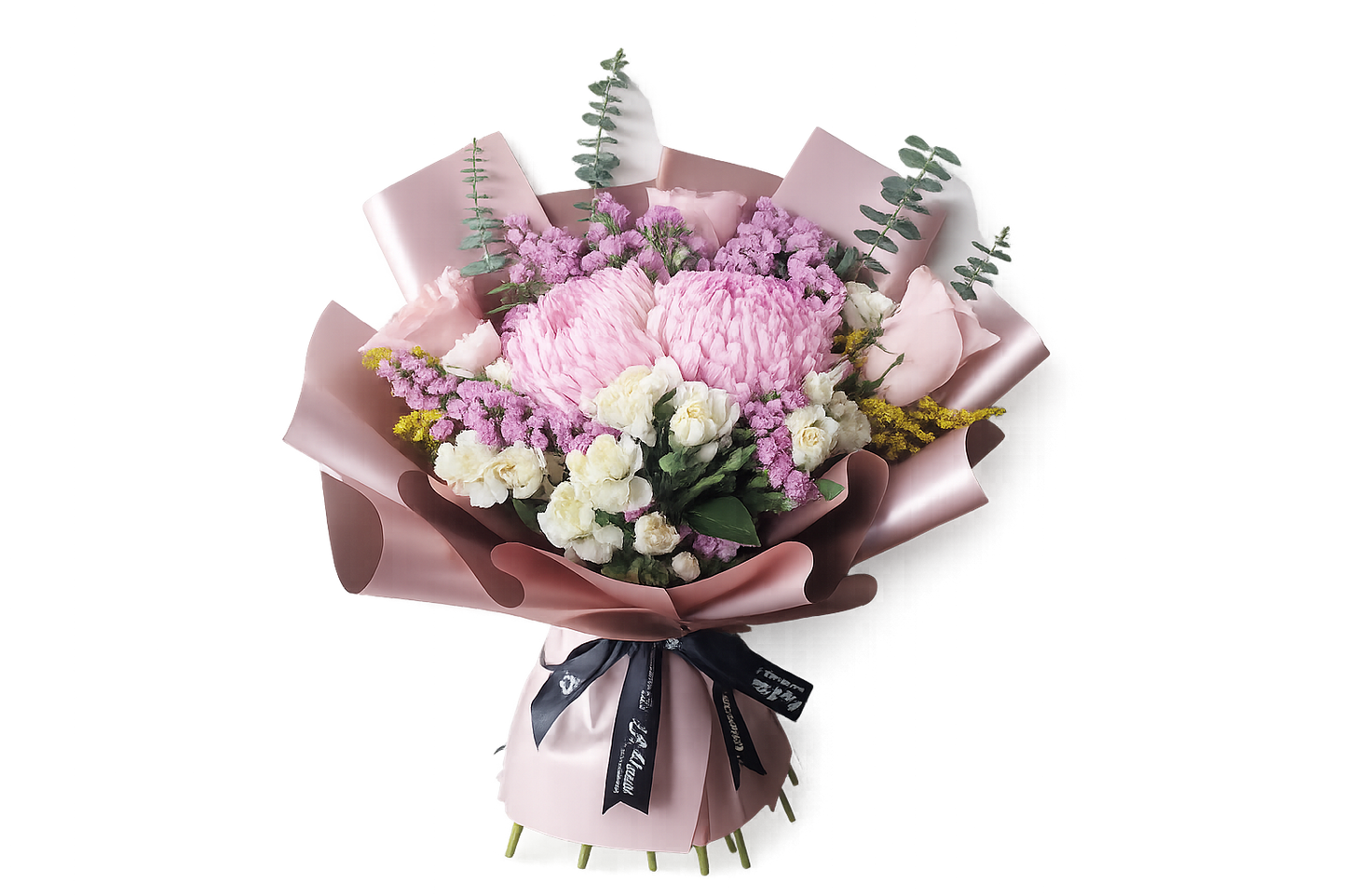 Pink mum chrysanthemum and purple statice bouquet with white stock flowers and eucalyptus – Floristella Philippines