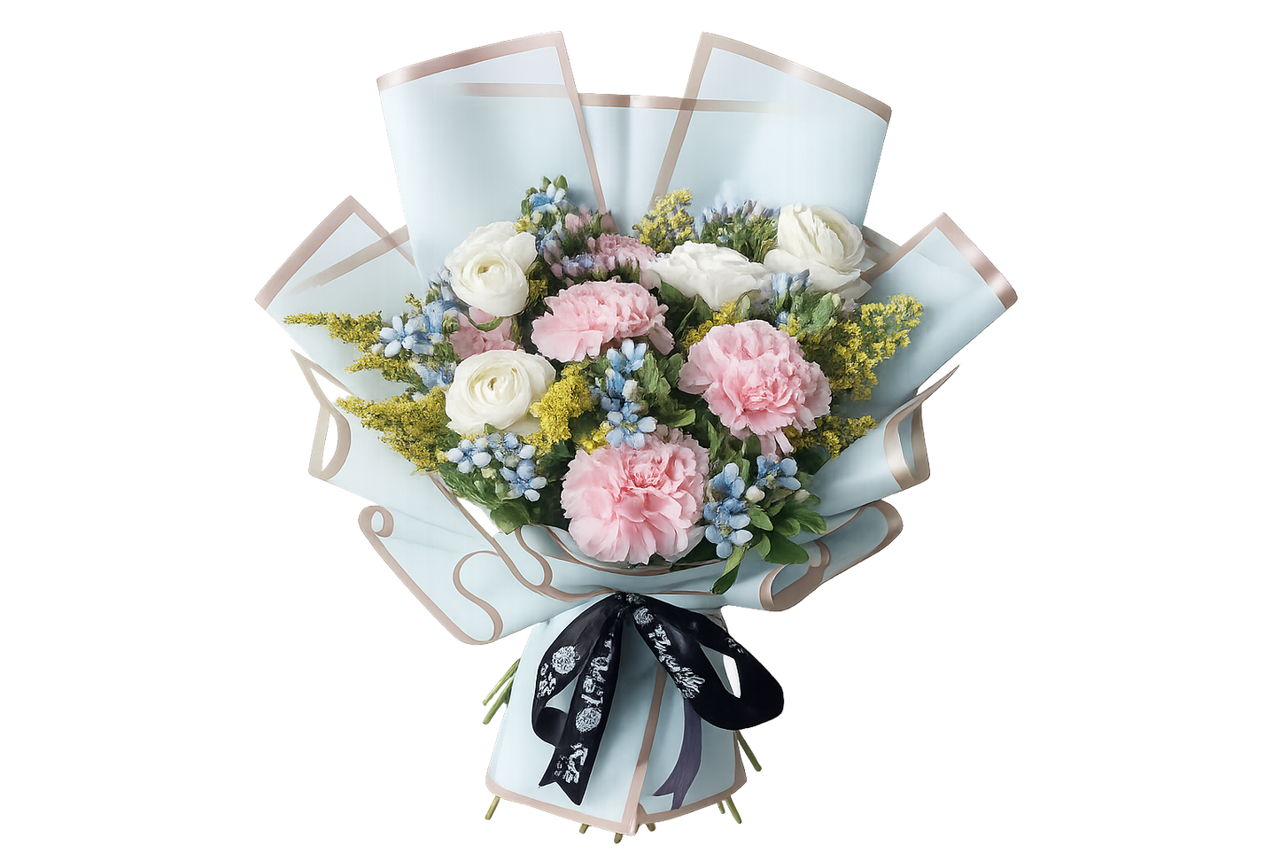 Pink carnations, white ranunculus, and blue muscari bouquet – Floristella Philippines