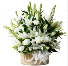 All-white oriental lily and carnation condolence basket with snapdragons and white ribbon – Floristella Philippines