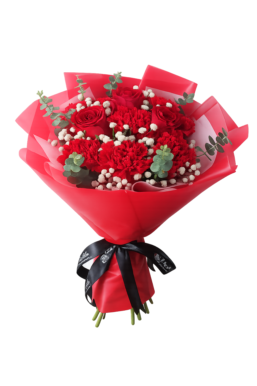 Red roses and red carnation bouquet with white baby's breath and eucalyptus – Floristella Philippines