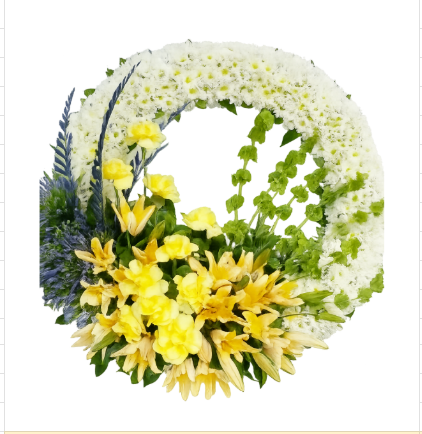 White and yellow funeral wreath with asiatic lilies, yellow carnations, green bells of Ireland and lavender on stand – Floristella Philippines
