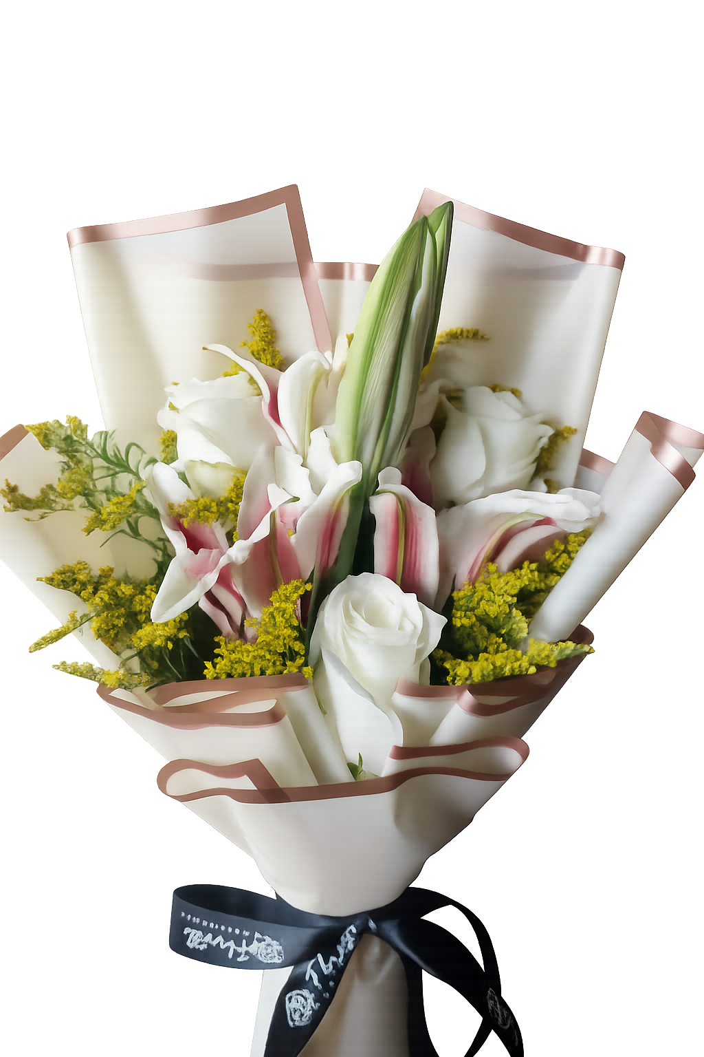 White roses and pink stargazer lily bouquet with yellow solidago, wrapped in cream paper – Floristella Philippines