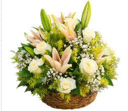 White roses and peach asiatic lily flower basket arrangement with baby's breath and solidago – Floristella Philippines