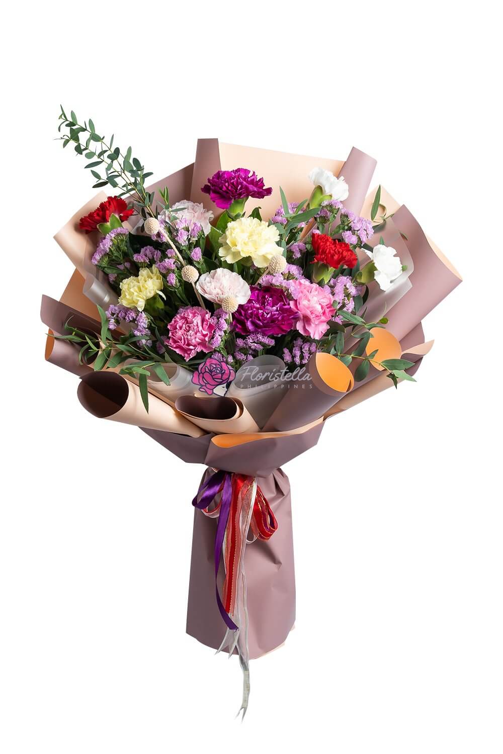Assorted carnations and purple statice birthday bouquet — Candy Rush | Floristella