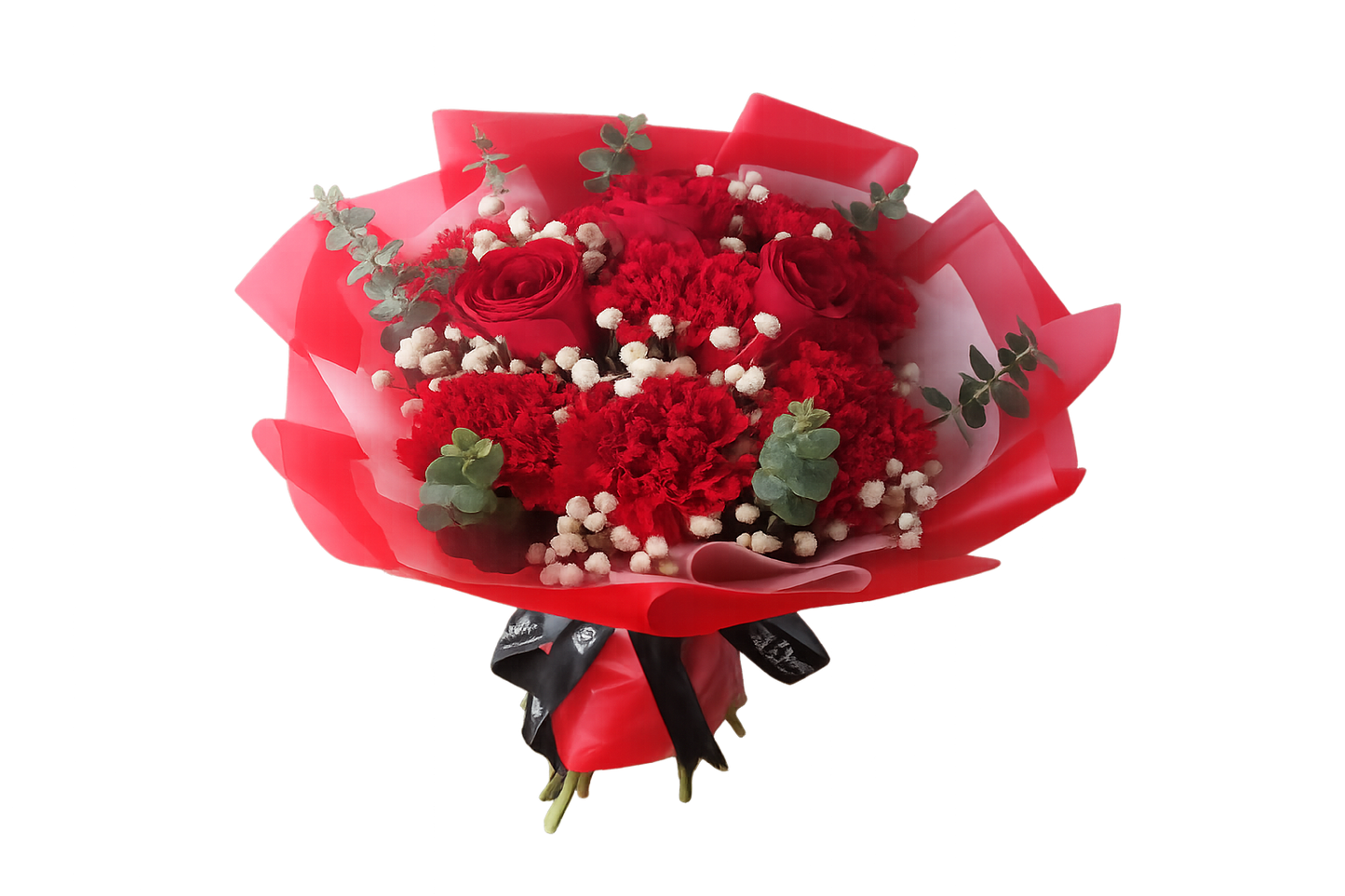 Red roses and red carnation bouquet with white baby's breath and eucalyptus – Floristella Philippines