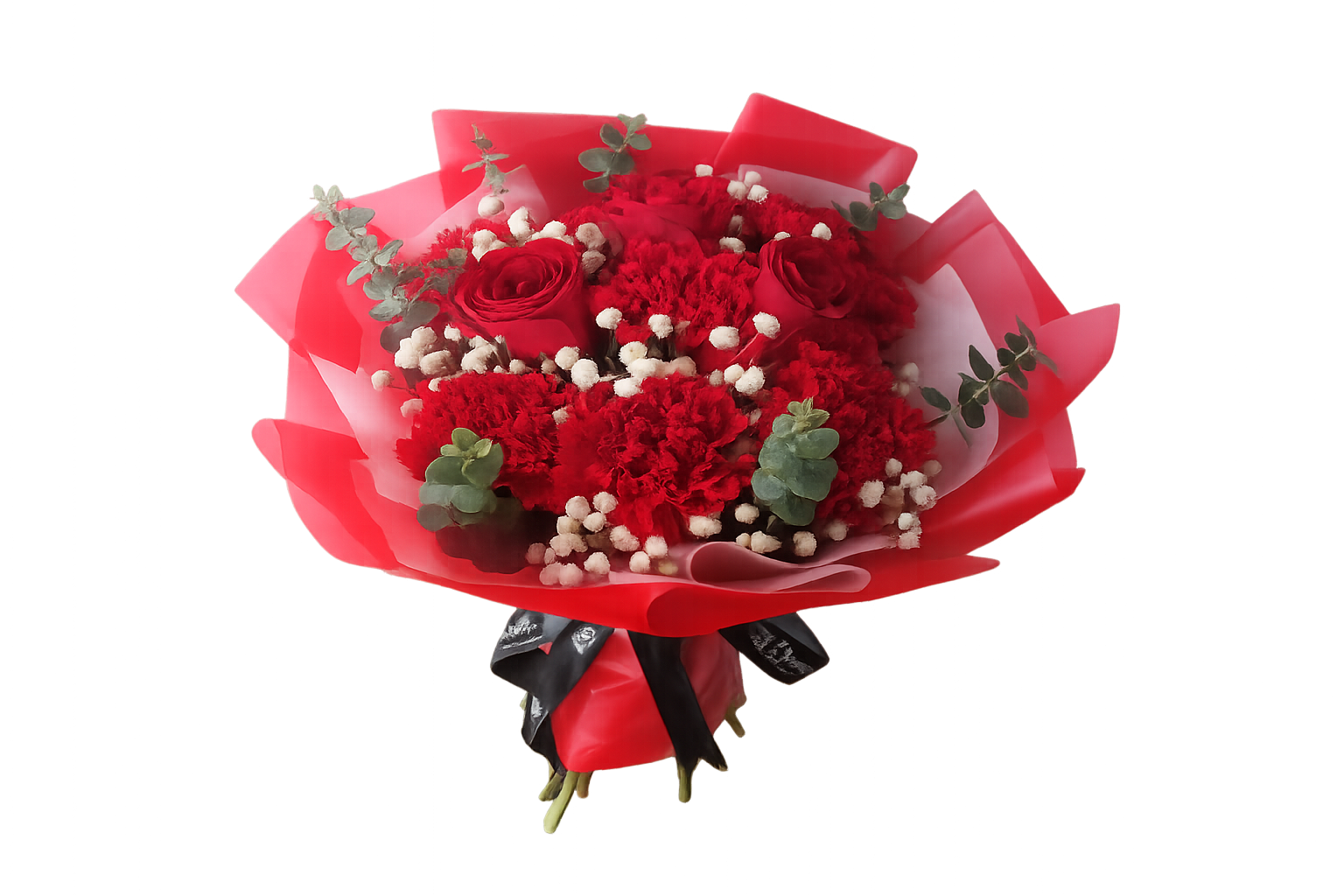 Red roses and red carnation bouquet with white baby's breath and eucalyptus – Floristella Philippines