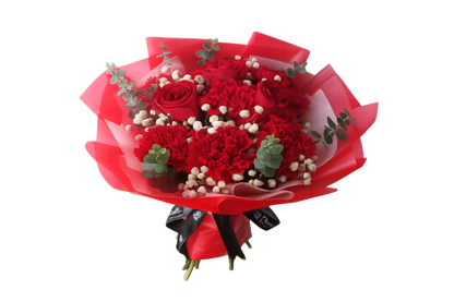 Red roses and red carnation bouquet with white baby's breath and eucalyptus – Floristella Philippines