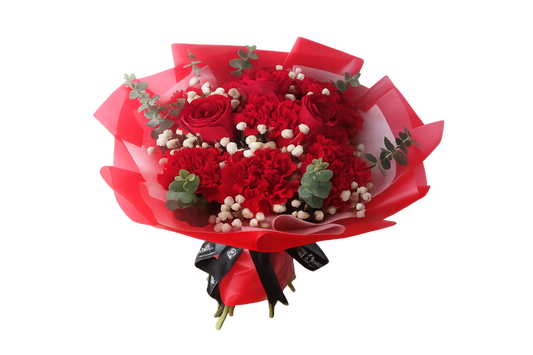 Red roses and red carnation bouquet with white baby's breath and eucalyptus – Floristella Philippines