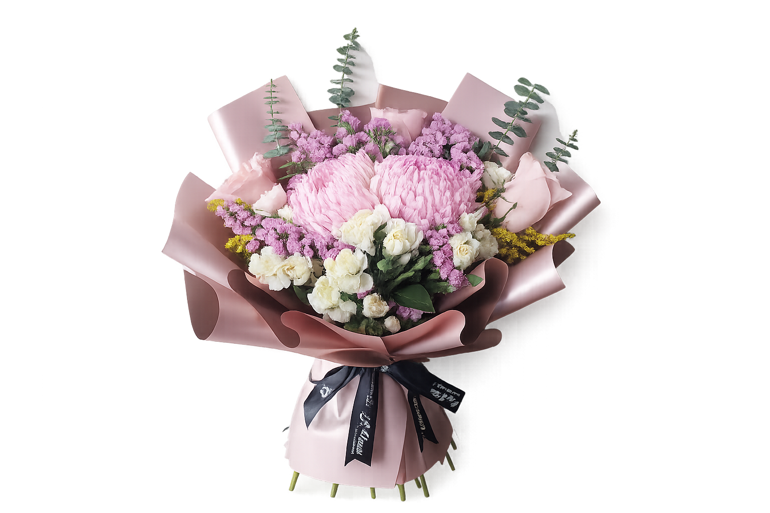 Pink mum chrysanthemum and purple statice bouquet with white stock flowers and eucalyptus – Floristella Philippines