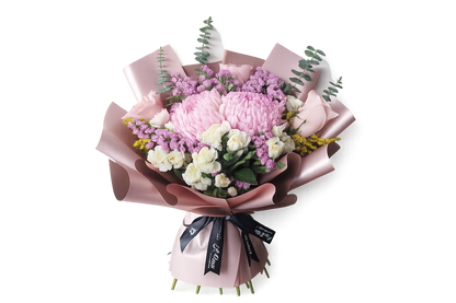 Pink mum chrysanthemum and purple statice bouquet with white stock flowers and eucalyptus – Floristella Philippines