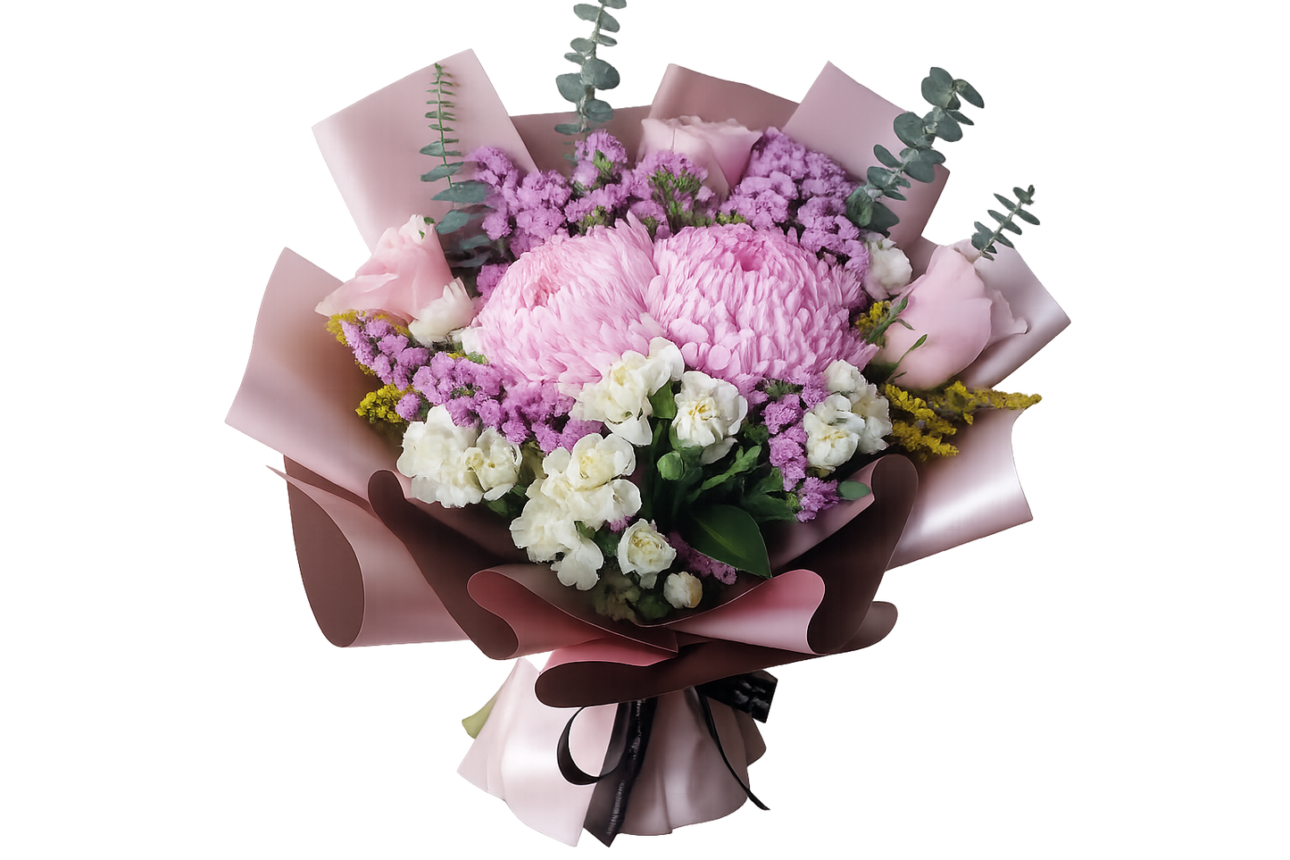 Pink mum chrysanthemum and purple statice bouquet with white stock flowers and eucalyptus – Floristella Philippines