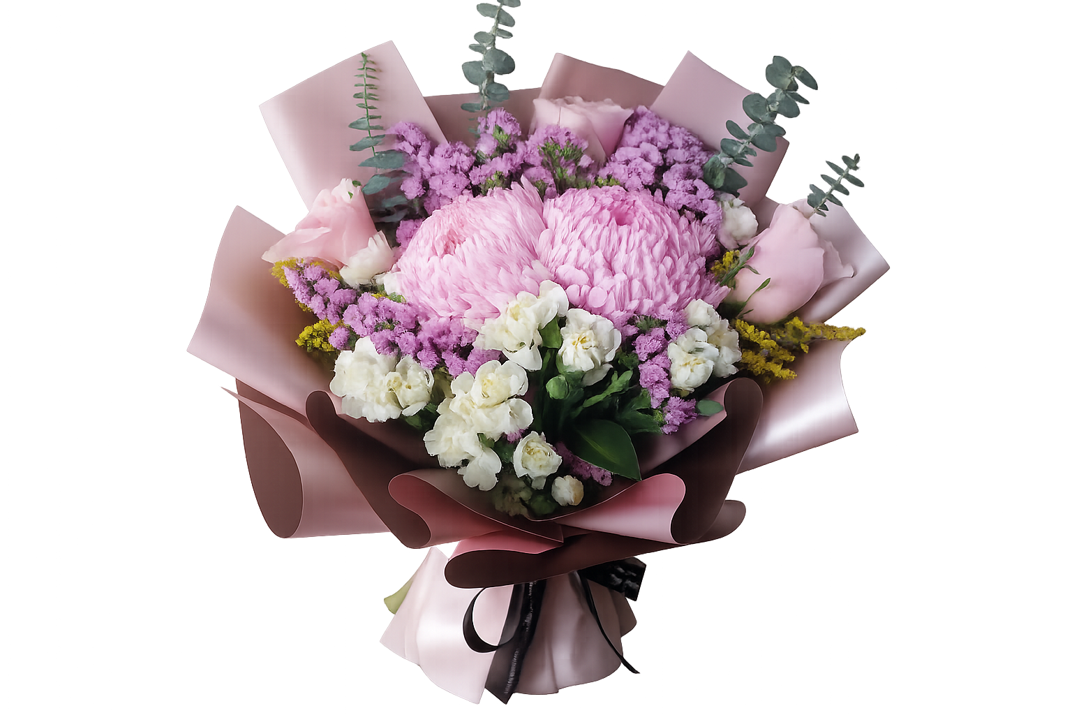 Pink mum chrysanthemum and purple statice bouquet with white stock flowers and eucalyptus – Floristella Philippines