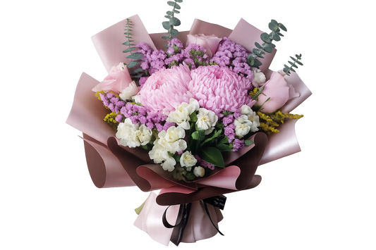 Pink mum chrysanthemum and purple statice bouquet with white stock flowers and eucalyptus – Floristella Philippines