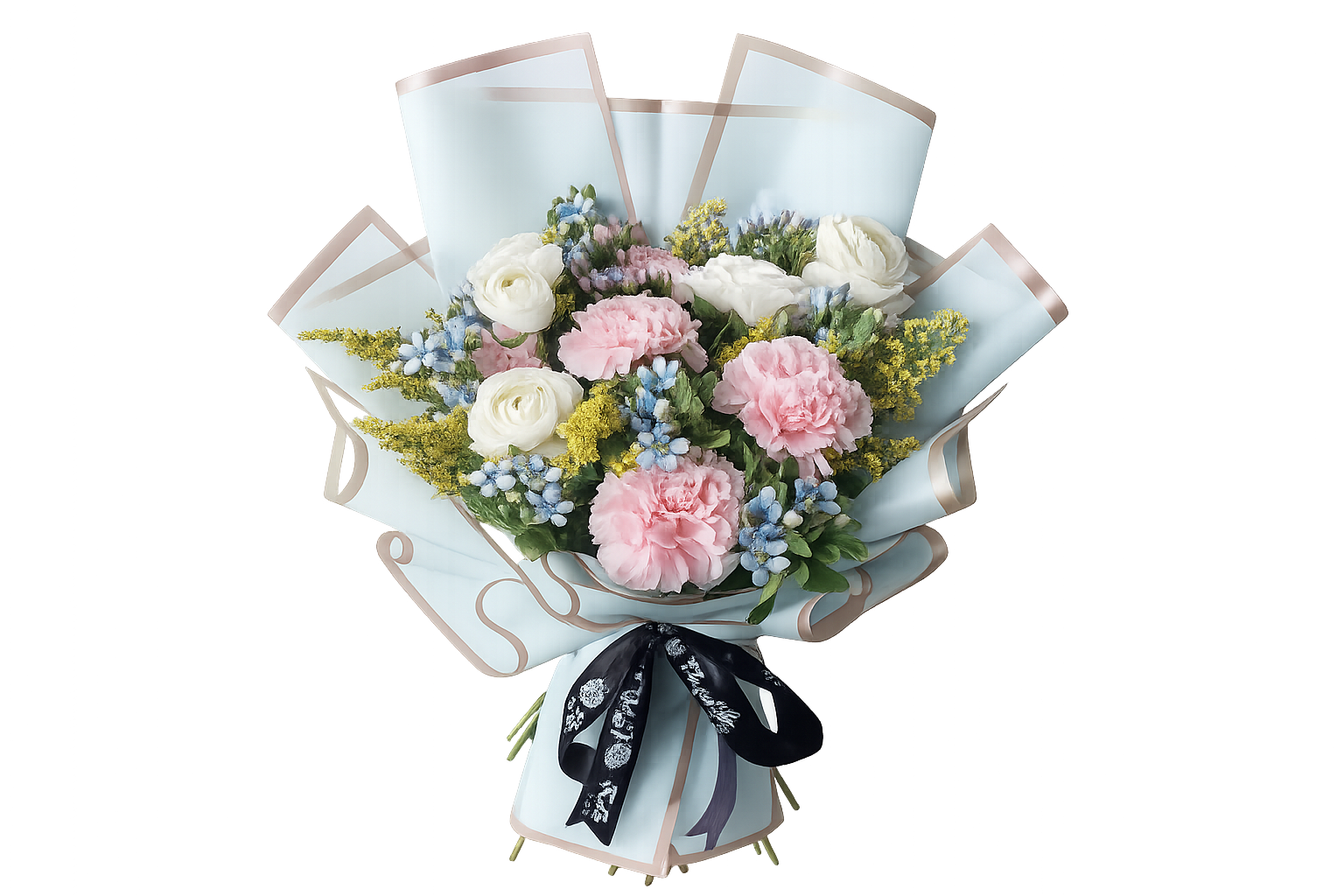 Pink carnations, white ranunculus, and blue muscari bouquet – Floristella Philippines