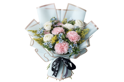 Pink carnations, white ranunculus, and blue muscari bouquet – Floristella Philippines