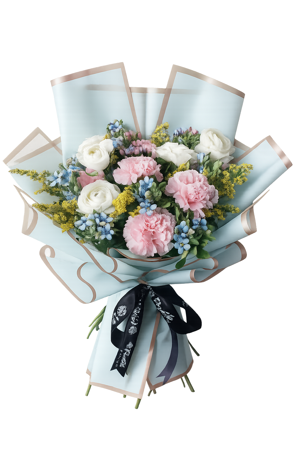 Pink carnations, white ranunculus, and blue muscari bouquet – Floristella Philippines