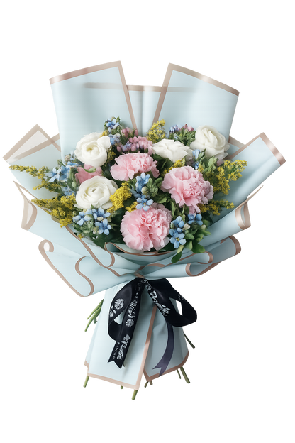 Pink carnations, white ranunculus, and blue muscari bouquet – Floristella Philippines