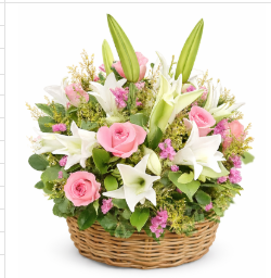 Pink roses and white oriental lily basket arrangement with pink waxflower and eucalyptus – Floristella Philippines