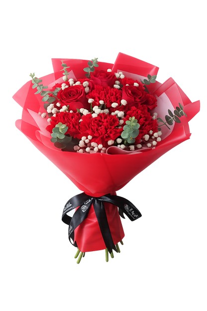 Red roses and red carnation bouquet with white baby's breath and eucalyptus – Floristella Philippines