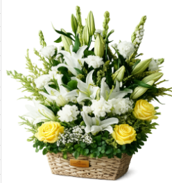 White oriental lily and yellow rose basket arrangement with white carnations and snapdragons – Floristella Philippines
