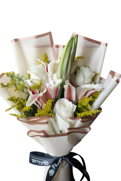 White roses and pink stargazer lily bouquet with yellow solidago, wrapped in cream paper – Floristella Philippines