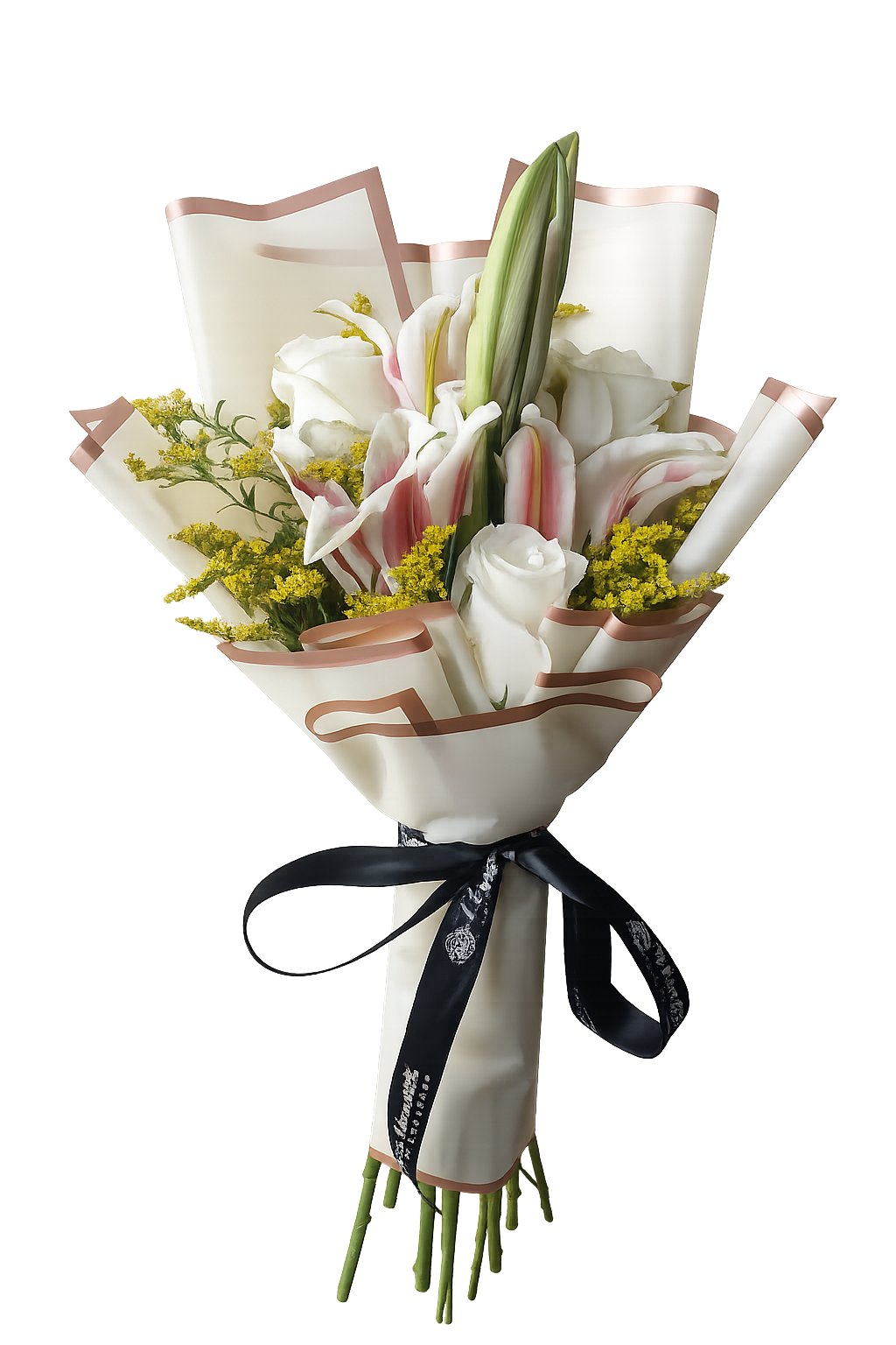 White roses and pink stargazer lily bouquet with yellow solidago, wrapped in cream paper – Floristella Philippines