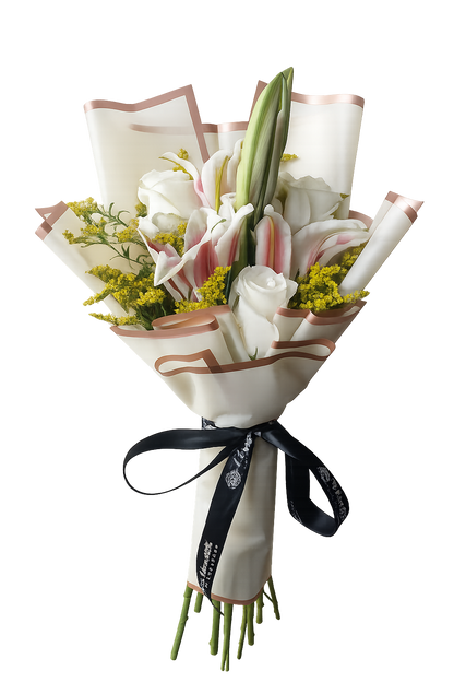 White roses and pink stargazer lily bouquet with yellow solidago, wrapped in cream paper – Floristella Philippines