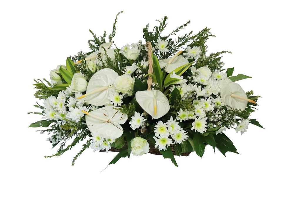 Deepest Sympathies Funeral Flower Basket with white flowers and greenery