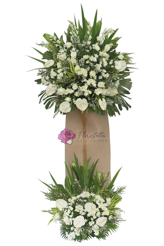 Funeral flower arrangement for a peaceful passing. Featuring anthurium, radis, gladiola, rose, and aster flowers with greenline, Irish leaves, and Korean leaves foliage, this standing arrangement expresses thoughtful condolences.